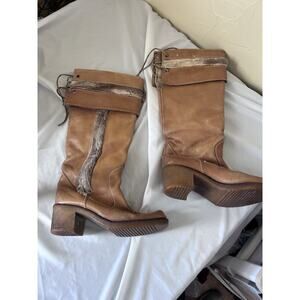 Frye Vtg Cow Hide Leather Deer Fur Tall Knee High Boots Womens 7.5 8 Tan Brown